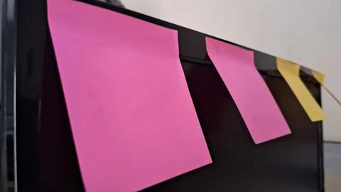 Colorful sticky notes on a computer screen. Office reminders attached to a Stock Photos