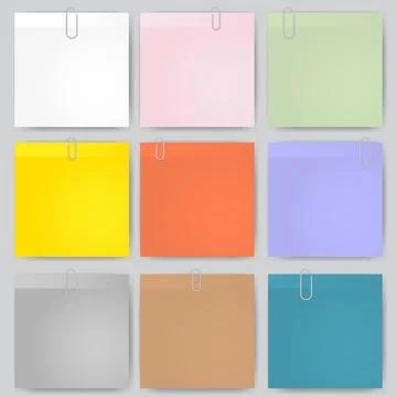 Colorful Sticky Notes Set with Paper Clips on Grey Background Vector 스톡 일러스트