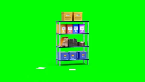 Colorful Storage Archive Boxes, Files and Office Supplies on Shelf on Green.. 動画素材 303141401