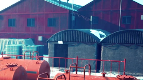 Colorful Storage Tanks and Structures in an Industrial Setting Under Bright Sun Stock Footage 346695146