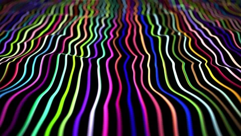 Colorful stream of bright stripes floating with waves on a black background Stock Footage 277458152