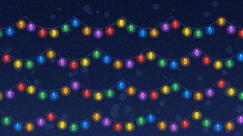 Colorful string lights with glowing bulbs arranged in parallel rows on dark.. イラスト素材