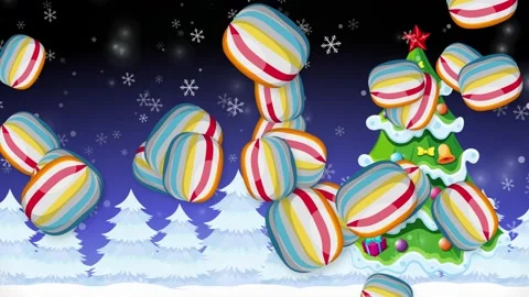 Colorful Striped Candy Falling Over Winter Christmas Tree Landscape Stock Footage 344831546