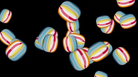 Colorful Striped Candy Objects Bursting and Floating on Black Background Stock Footage 347428869