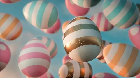 Colorful striped Easter eggs flying in the sky - 3D Rendering Illustrazione stock