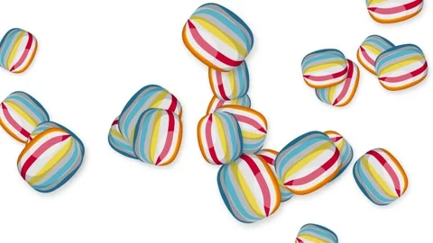 Colorful Striped Hard Candy Pieces Bouncing on White Background Stock Footage 344832175