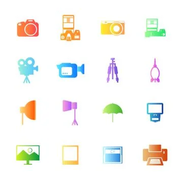 Colorful style camera and accessory icons vector set. Stock Illustration