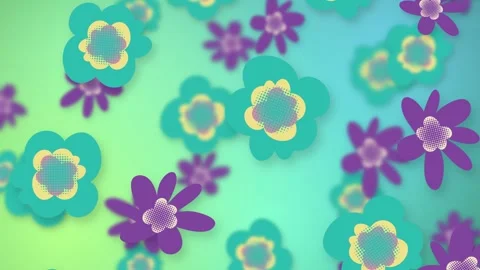 Colorful Stylized Flowers Falling Over a Vibrant Gradient Mesh Background Stock Footage 345294039
