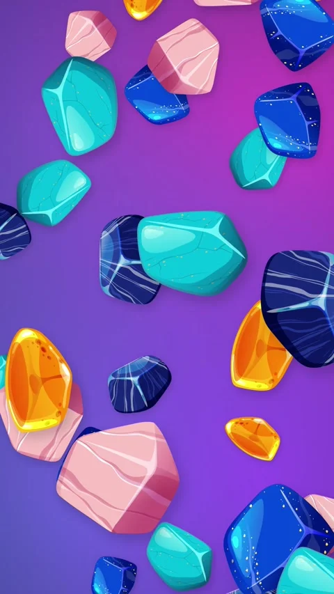 Colorful Stylized Gemstones Falling Downward Against a Vibrant Purple Background Stock Footage 346569559