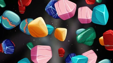 Colorful Stylized Gemstones Falling Over a Dark Glittering Background Stock Footage 344714797