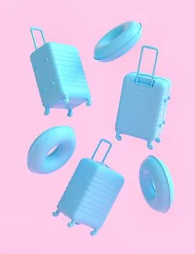 Colorful suitcase and inflatable ring flying on monochrome background イラスト素材