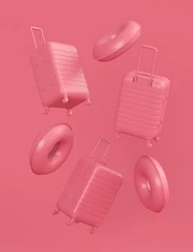 Colorful suitcase and inflatable ring flying on monochrome background イラスト素材