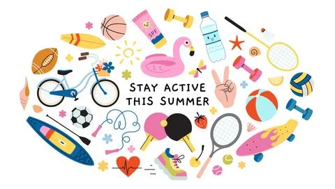 Colorful summer activity Round composition with sports equipment, beach ite.. Stock Illustration