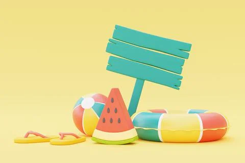Colorful summer beach elements with signpost,3d rendering. Stock Illustration