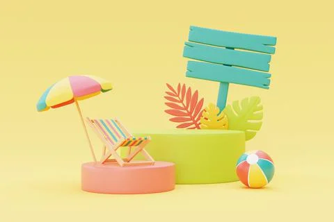 Colorful summer beach elements with signpost,3d rendering. Illustrazione stock