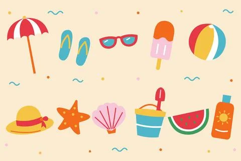 Colorful Summer Beach Vacation Elements On Sand Background イラスト素材