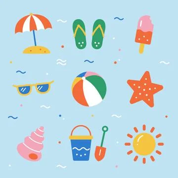 Colorful Summer Beach Vacation Elements Flat Illustration イラスト素材