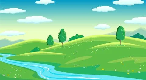 Colorful summer bright fields with river landscape, green grass and trees Illustrazione stock