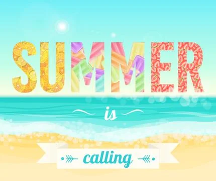 Colorful Summer is calling words on the background of the sea beach. Exotic Stock Illustration