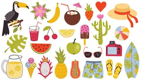 Colorful summer collection of design elements. Tropical fruits, Toucan bird.. Illustrazione stock