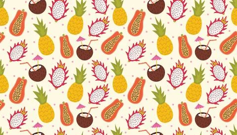 Colorful summer fruit pattern featuring coconut drinks, pineapples, papayas.. Illustrazione stock