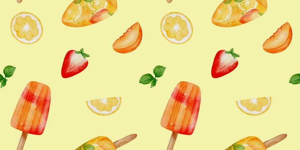 Colorful summer fruit pattern with popsicles and refreshing slices Stock Illustration