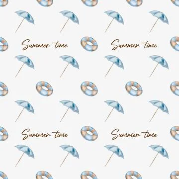 Colorful summer pattern featuring umbrellas and lifebuoys for textile and w.. Stock Photos