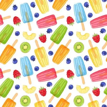 Colorful summer pattern with frozen ice cream and fresh fruit in cartoon style Stock Illustration