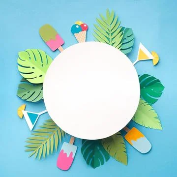 Colorful summer pool floaties and tropical leaves scene Stock Photos