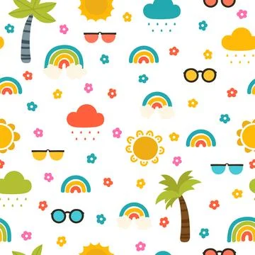 Colorful summer seamless pattern with hand drawn elements. Sun, palm tree, .. Illustrazione stock
