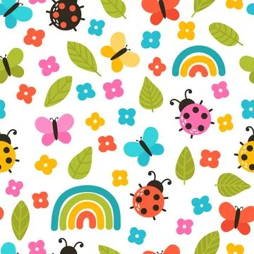 Colorful summer seamless pattern with hand drawn elements. Rainbow, flowers.. Stock Illustration
