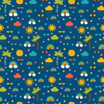 Colorful summer seamless pattern with hand drawn elements. Sun, palm tree, .. Illustrazione stock