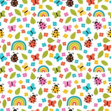 Colorful summer seamless pattern with hand drawn elements. Rainbow, flowers.. 스톡 일러스트