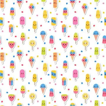Colorful summer seamless pattern with kawaii ice cream. Wrapping paper, fab.. Stock Illustration