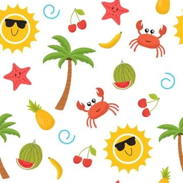 Colorful summer seamless pattern with sun, crab, starfish, palm, pineapple,.. Stock Illustration