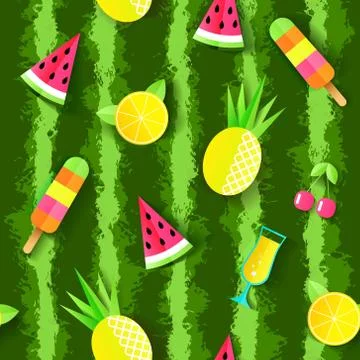 Colorful Summer seamless pattern with watermelon, pineapple, cocktail, cherry Stock Illustration