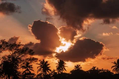 Colorful sunset on a background of clouds over the silhouettes of the tops of Stock Photos