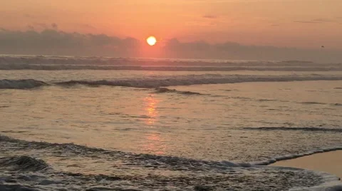 Colorful Sunset at Beach, Ocean Waves Rolling in Stock Footage 49077900