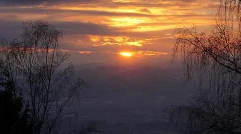 Colorful sunset between birch trees in the foreground in winter Stock Photos