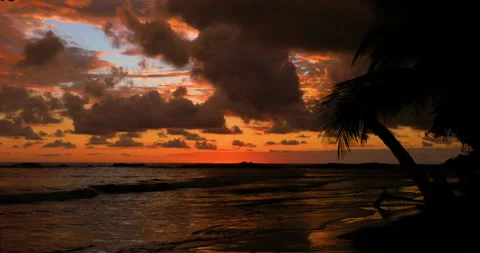 Colorful Sunset Multi Layered Clouds And Last Blue Over Dark Beach Stock Footage 138074198