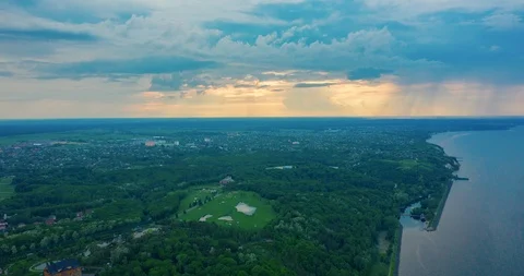 Colorful sunset over the golf course in the private residence  Cityscape Aerial  Stock Footage 111449846