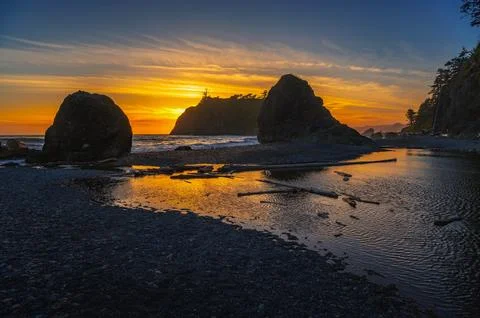 Colorful sunset at Ruby Beach in Olympic National Park, Washington state Stock Photos