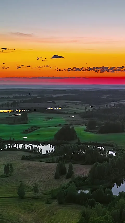 Colorful Sunset Sky Above Patchwork Farmland Stock Footage 328996475