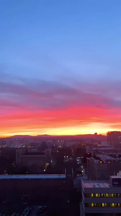 Colorful sunset skyline cityscape with panoramic urban view and tower Stock Footage 345516587