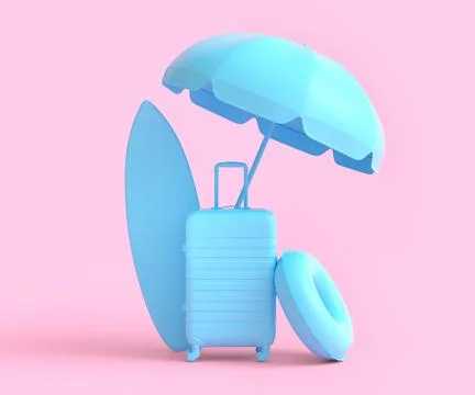 Colorful surfboard, beach ring, umbrellas and lugagge on monochrome backgroun 스톡 일러스트