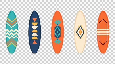 Colorful surfboard set with geometric patterns isolated on transparent back.. Stock Illustration