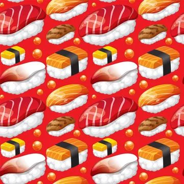 Colorful Sushi Pattern on Red Background Stock Illustration