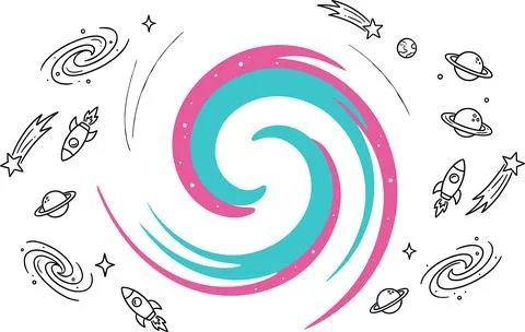 Colorful Swirl with Space Elements Doodle Illustration. 库存插图