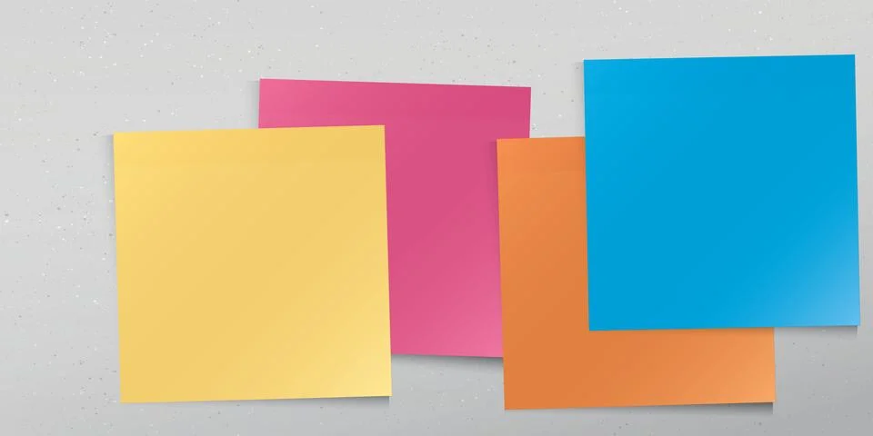 Colorful syicky notes papers square shape superimposed stick on cement wall.. Stock Illustration