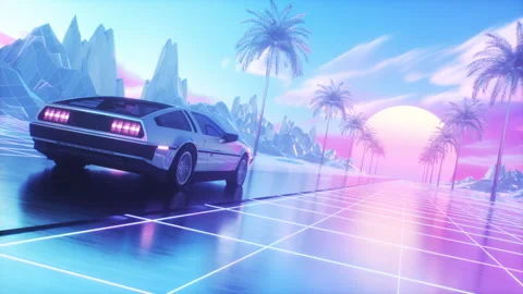 Colorful SynthWave Style Background of Riding Car and Landscape Stock Footage 281609781